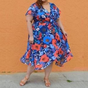 Lane Bryant | Dresses | Lane Bryant Floral Chiffon Faux Wrap Dress 22 Navy  Belted Short Sleeve 749 | Poshmark